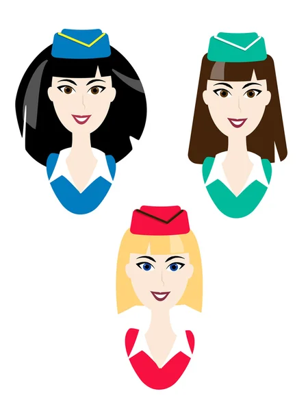 Icone della hostess vettoriale. Un semplice avatar da hostess aerea. Bionda, bruna, donna rossiccia in uniforme. Caratteri eleganti — Vettoriale Stock