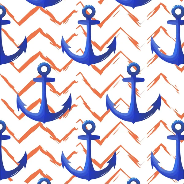 打印锚蓝色海军图案。雪佛龙橙色矢量背景。重复海洋纹理。五颜六色的海洋覆盖物 — 图库矢量图片