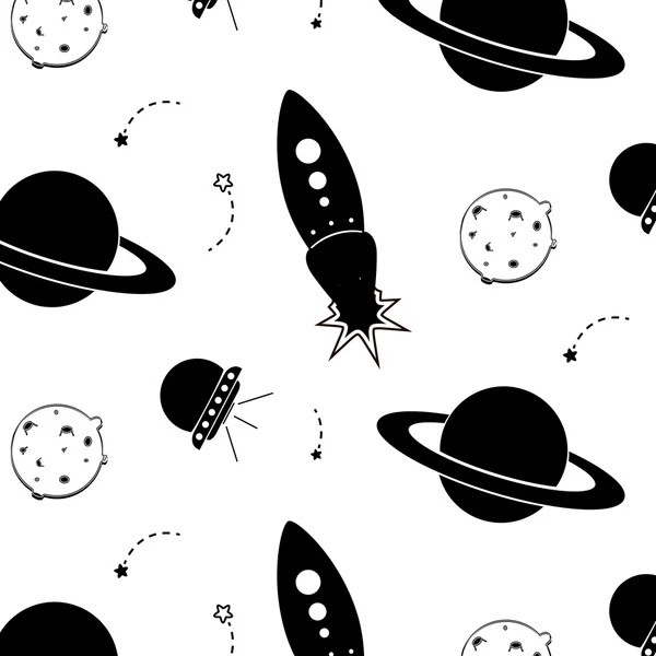 Vector ruimte patroon. Illustratie met raket, Aliens, Shuttle, planeet en sterren. Astronomie wit zwarte achtergrond. Monochrome cartoon objecten. Kosmische planeet universum wallpaper — Stockvector