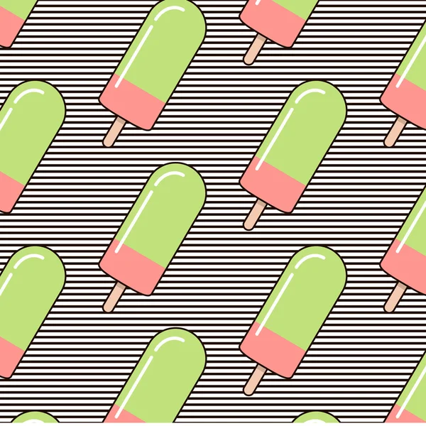 Vetor abstrato desenho animado rosa e sorvete verde no padrão listras brancas pretas. Bonito fundo verão ilustração — Vetor de Stock