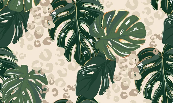 Modèle léopard, imprimé animal vert design sans couture laisse impression jungle. Clipart de feuille de Monstera, motif naturel léopard, décoration safari guépard. Modèle de tissu Exotica, décor textile floral — Image vectorielle