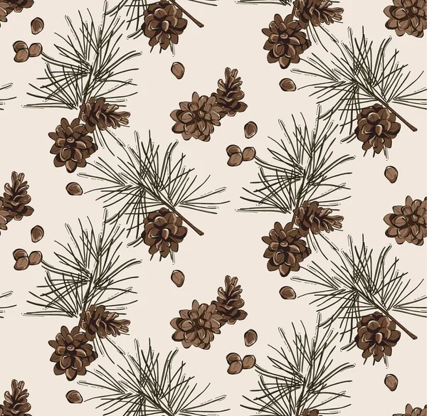 Branche de pin à feuilles persistantes, décor de la saison des fêtes d'hiver. Aiguille en épicéa avec cône décembre art. Conifer Pinecone cadre Xmas dessin sans couture vecteur d'arrière-plan — Image vectorielle