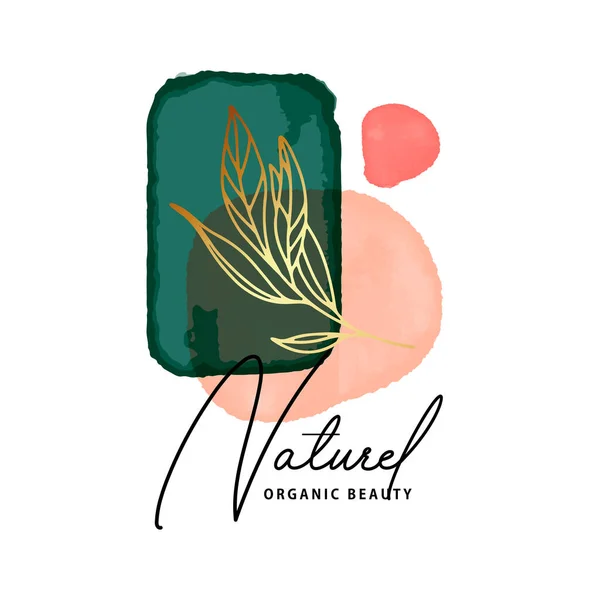 Aquarell smaragdgrüne abstrakte Malerei. Moderne Tiefkorallen Pastell minimalistisch sanftes Design. Organic Branding kreative Symbole mit Goldrahmen. Elegantes Hautprodukt — Stockvektor