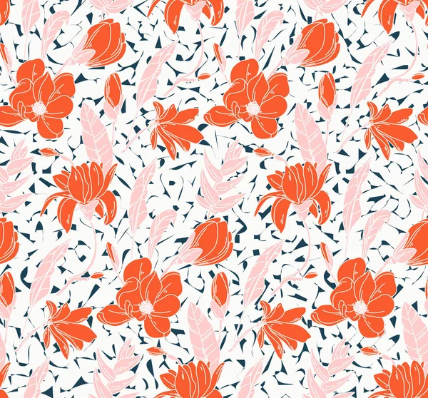 Seamless rose pattern with spring flowers and leaves pink orange. Hand drawn line art background. Floral pattern for wallpaper or fabric. Flower rose. Botanic Tile. — Stock Vector