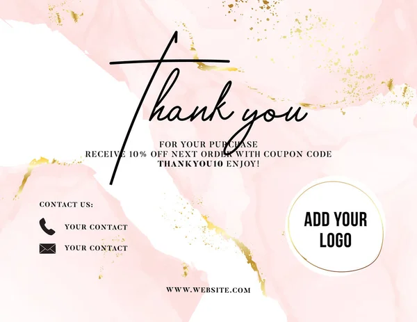 Gracias Tarjeta acuarela de oro rosa, servicio al cliente de las mujeres tarjeta de visita, bono de promoción, inserto post compra. Plantilla de saludo elegante, tarjeta de visita pequeña personalizada imprimible — Vector de stock