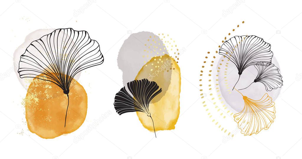 Pouring art geometric minimalist print. Modern painting abstract circle watercolor shapes with black leaves, modern acrylic ink blobs with decorative elements, business logo set in vector