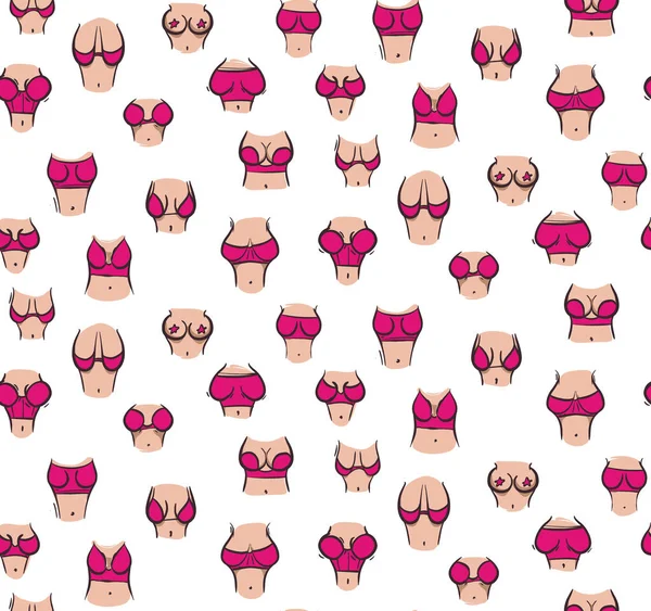 Women breast funny repeate texture. Boobies, tits, sexy art. Glamour women in pink bras seamless pattern in vector — Vettoriale Stock