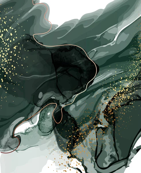 Esmeralda Verde e ouro mármore abstrato derramando fundo acrílico. Textura de arte de tinta marmorização. Padrão de ondulação Ágata Mineral. Ouro em pó no vector — Vetor de Stock