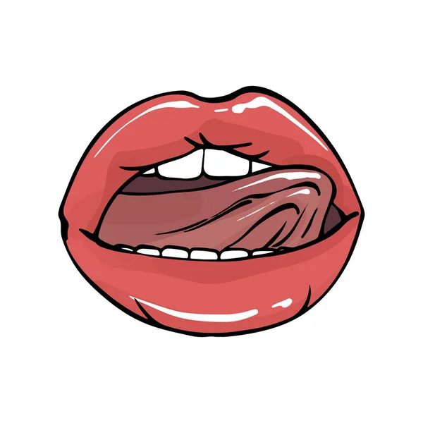 Labios con lengua ilustración erótica impresión camiseta. boca abierta sexy labios arte en vector — Vector de stock