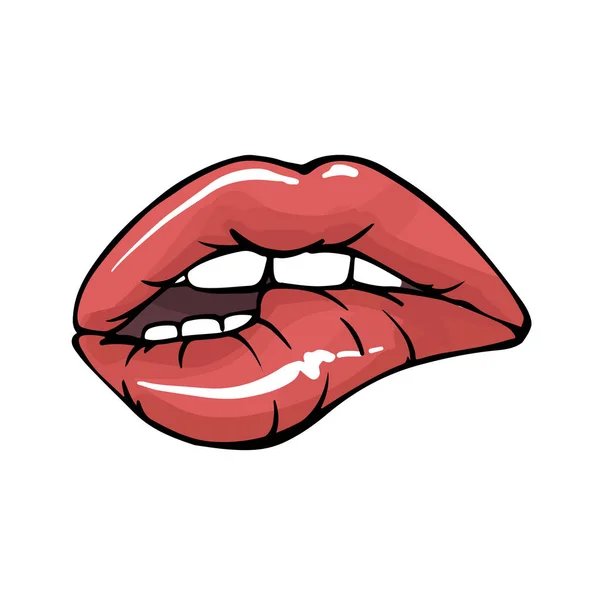 Lábios sexy, dentes mordendo lábios expressão facial, ilustração moderna no vetor —  Vetores de Stock