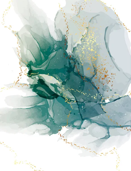 Groene waterkleur abstracte teal achtergrond, aquarelle inkt blob met goud glitter — Stockvector