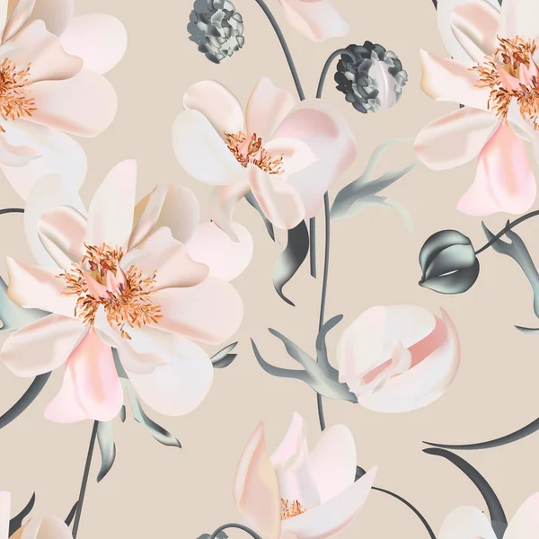 牡丹ベージュ水彩花の庭の花のデザイン、バラの花の自然デザイン、マクロシームレスパターン — ストック写真