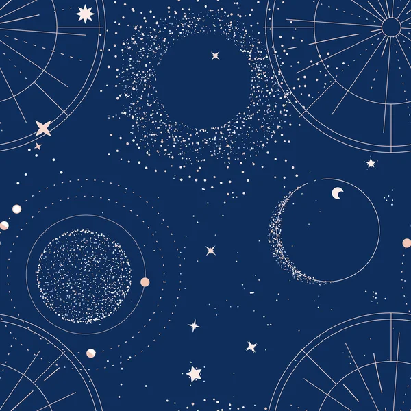 Alchemie Hemelse Achtergrond Blauwe Hemel Met Maan Sterren Planeten Ruimte — Stockvector
