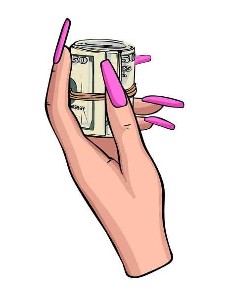 Women hand with pink manicure holding money roll cash paument icons beauty illustration — Stock Vector