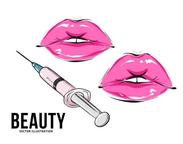 Spritze Lippen Füllverfahren Schönheitschirurgie Gesicht — Stockvektor