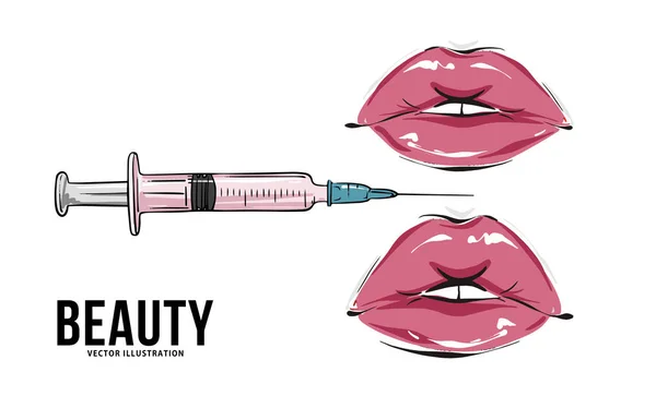 Lips injectie make-up kunst, lip vulstoffen, hyaluronzuur vector art mond onderhuid cosmetische — Stockvector