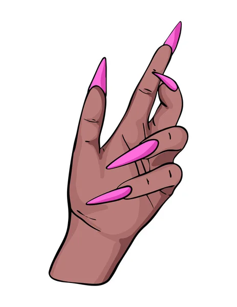 Las uñas largas manicura mujeres mano negro piel acrílico falsa manicura glamour ilustración, arte salón de belleza — Archivo Imágenes Vectoriales
