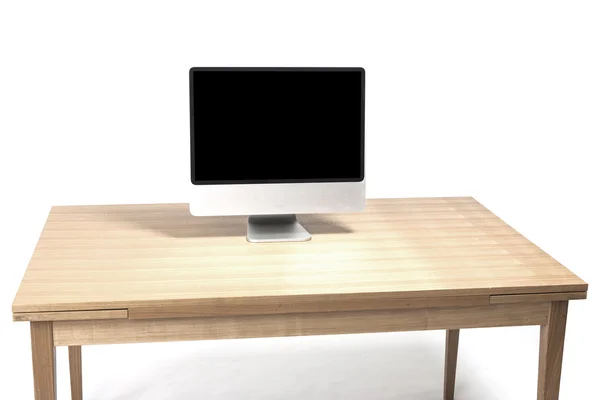 Una computadora de escritorio, monitor LCD en el escritorio de madera (mesa) aislado blanco . —  Fotos de Stock