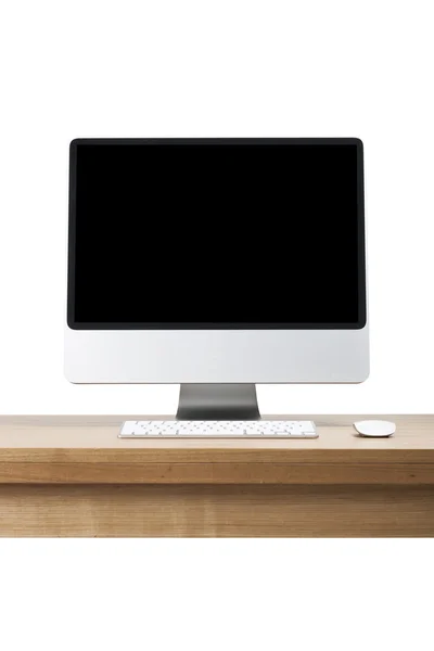 A desktop computer, LCD monitor on the wood desk(table) isolated white. — Stock Photo, Image