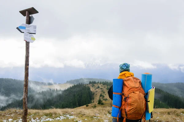 Ragazza in montagna guarda il paesaggio, tabella di marcia — Foto Stock