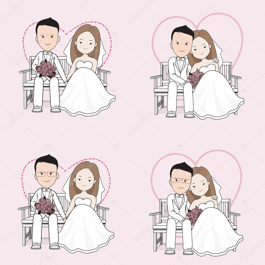 desenhos animados de casamento do casal noiva e noivo sentado em