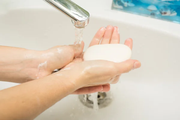 Hygiene. Cleaning Hands. Washing hands with soap and water. — Stock Photo, Image