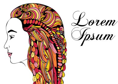 Vektör illüstrasyon kart güzellik ve moda. Çiçek başında olan kız. Zentangl, dudling.