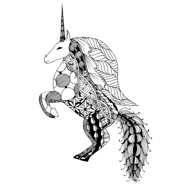 Dessin à la main Licorne pour adultes anti stress pages à colorier, animal magique de conte de fées artistique dans le style tribal zentangle, illustartion à motifs, tatouage vectoriel. Croquis ornemental . — Image vectorielle