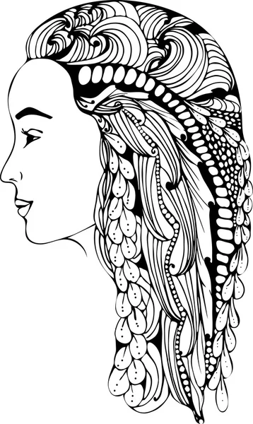 Tarjeta de ilustración vectorial belleza y moda. Chica con flores en la cabeza. Zentangl, dudando . — Vector de stock