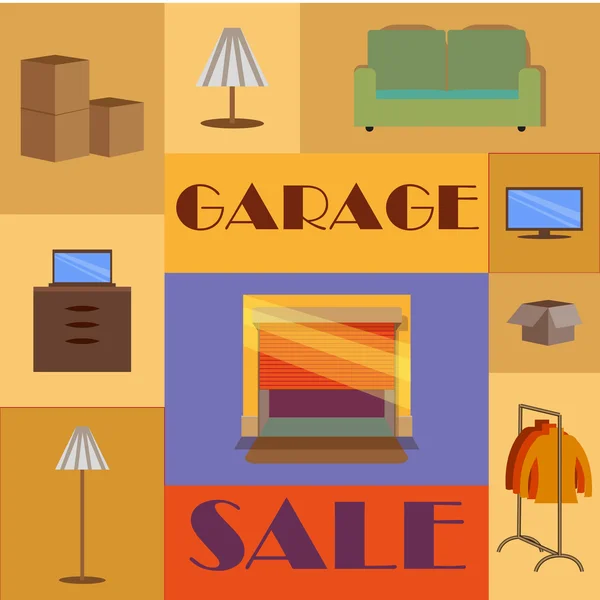 Garaje o patio Venta con letreros, caja y artículos para el hogar. Plantilla de cartel o banner imprimible Vintage . — Vector de stock