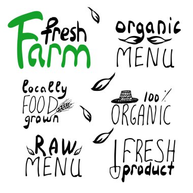 Organik, bio, ham, vegan frash Eko doğal şekli ayarlayın. Organik gıda etiketleri kümesi vektör. Taze sağlıklı gıda simgeler. Etiketler Restoran Menü veya gıda paketi için tasarım, grunge rozetleri, el resim çizimi