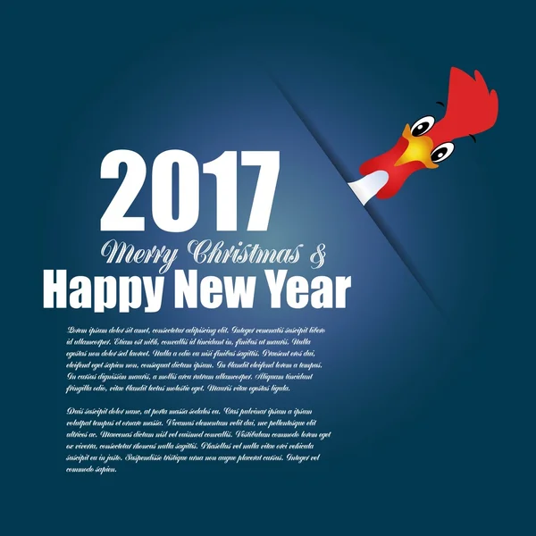 Hand drawn doodle Rooster. Happy New Year card. blue background with funny Cock. Christmas card with icon of the bird. Rooster symbol of Chinese New Year 2017 - vector illustration — Stock Vector