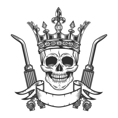 Yeni bir şantiyeden kaynakçı kral kafatası. İki gaz kaynağı ve kurdelesi var. Klasik monokrom biçimi izole edilmiş vektör illüstrasyonunda araçları onar