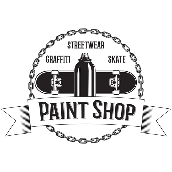 Logo vintage noir et blanc avec Spray, Skateboard, Chaînes. Rubans . — Image vectorielle
