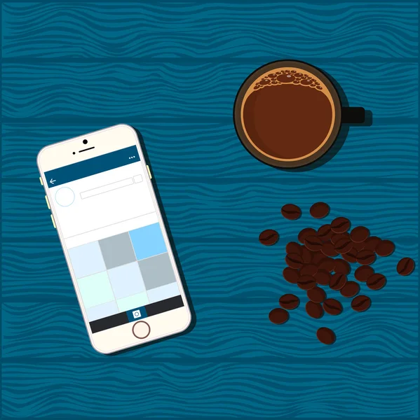 Smart phone con tazza di caffè e fagioli su sfondo in legno . — Vettoriale Stock