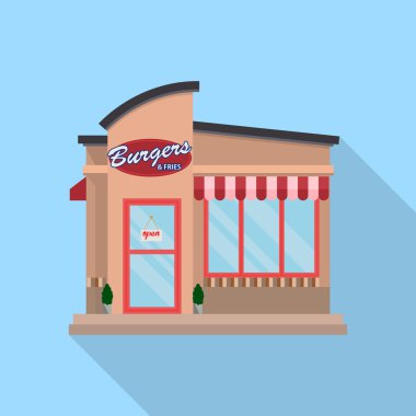 Düz burger Restoran yapı taşı Infographic kavramı. Sokak köşesinde lokanta Burger patates cola akşam yemeği.