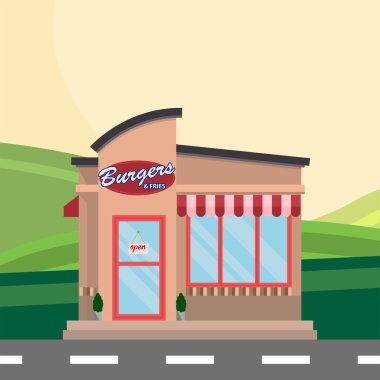 Modern peyzaj ayarla kafe, Restoran binası. Düz stil vektör çizim. Düz burger Restoran yapı taşı Infographic kavramı. Sokak köşesinde lokanta Burger patates cola akşam yemeği.