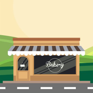 Modern peyzaj ile ekmek binada. Düz stil vektör çizim. Yemek salonu, pasta Cafe, ekmek izole Dükkanı. Fırın mağaza arka plan. Pastane Dükkanı, unlu tatlılar