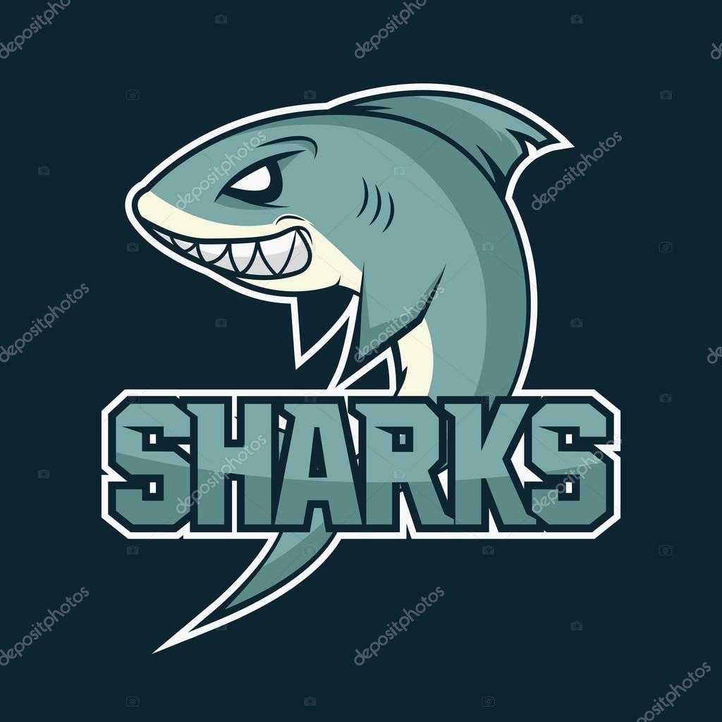 Hungry shark, angry shark, cartoon shark, shark great, white shark, shark wiith big teeth, shark image, shark fin, shark fish, shark attack. Vector. Sharks logo, emblem for a sport team.