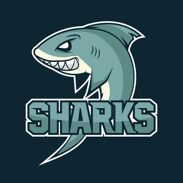 Hungry shark, angry shark, cartoon shark, shark great, white shark, shark wiith big teeth, shark image, shark fin, shark fish, shark attack. Vector. Sharks logo, emblem for a sport team. — Stock Vector