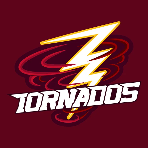 Mascota de tornado para equipos deportivos. Tornado con relámpago, logo, símbolo sobre fondo oscuro . — Vector de stock