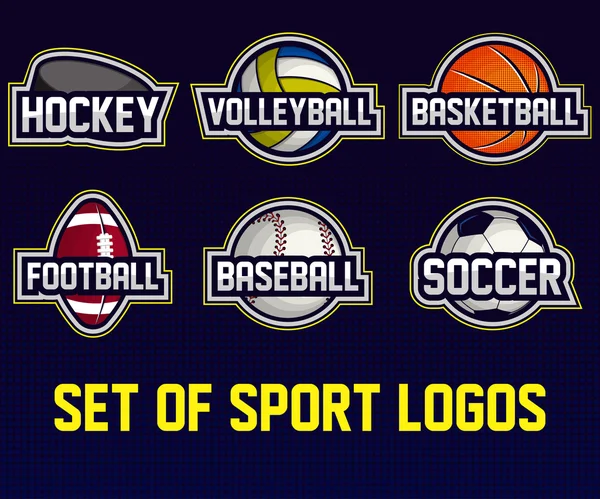 Mega uppsättning färgglada sport logotyper fotboll, amerikansk fotboll, volleyboll, baseball, basket, hockey. Vektor abstrakt isolerade illustration — Stock vektor