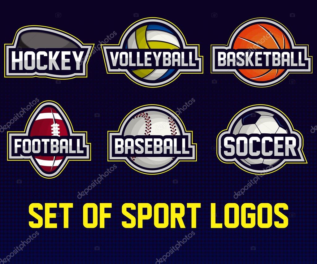 Mega set of colorful sports logos soccer, american football, volleyball, bbaseball, basketball, hockey. Vector abstract isolated illustration.