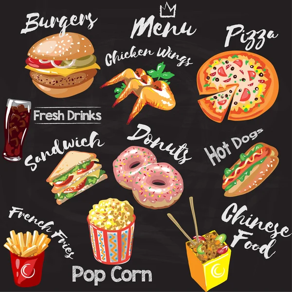 Menu de restaurante de fast food de papelão - hambúrguer, batatas fritas, cachorro-quente, asas de frango, donuts, pizza, milho pop, comida chinesa e sanduíche. Ilustração vetorial — Vetor de Stock