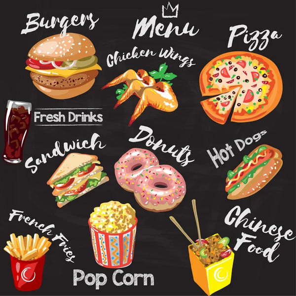 Kara tahta fastfood Restoran Menü - hamburger, patates kızartması, hotdog, tavuk kanatları, çörek, pizza, pop Mısır, Çin yemeği ve sandviç. Vektör çizim