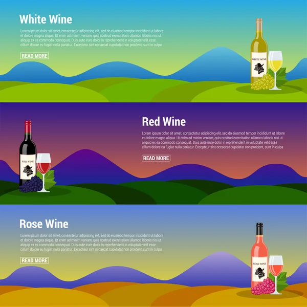 ブドウ、ワインはボトル デカンタとグラス フラット カラー水平バナー設定分離ベクトル図 — ストックベクタ