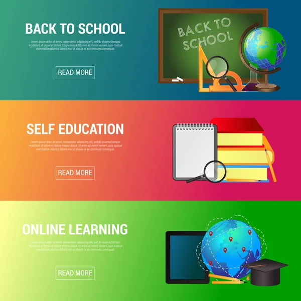 Flat design concept online learning, back to school, self education. Konzepte für Web- und Werbematerialien. 3 horizontale Banner setzen abstrakte, isolierte Vektorillustration. — Stockvektor