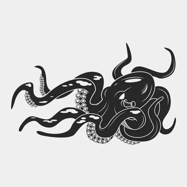 Peligro negro personajes de dibujos animados pulpo. Nadando bajo el agua, aislado en blanco. Tatuaje o patrón para camiseta, logotipo del póster, ilustración vectorial — Vector de stock