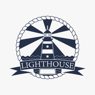 Deniz feneri etiket, logo veya rozet şablonu. Vektör çizim.