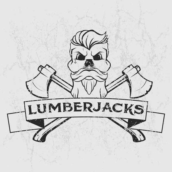 Logotipo de lenhador, design de camiseta com barba ilustrada, crânio, machados e fita. Ilustração desenhada à mão . —  Vetores de Stock